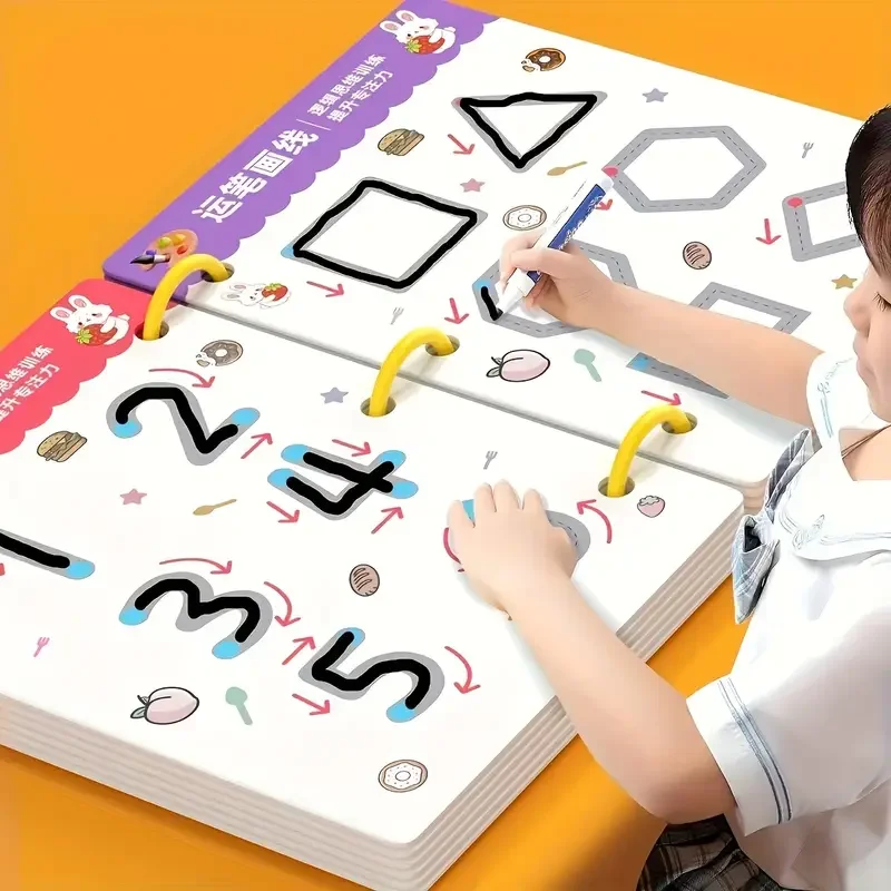 Cahier d’exercices réutilisable de 36 pages – 2 stylos + gomme, autocollants effaçables pour le dessin et le contrôle des enfants, cadeau du nouvel an et de noël