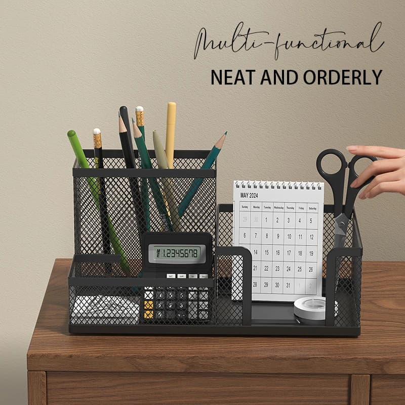 Organisateur de bureau en maille, caddie pour fournitures de bureau avec porte-crayons et paniers de rangement pour accessoires de bureau, 3 compartiments, noir